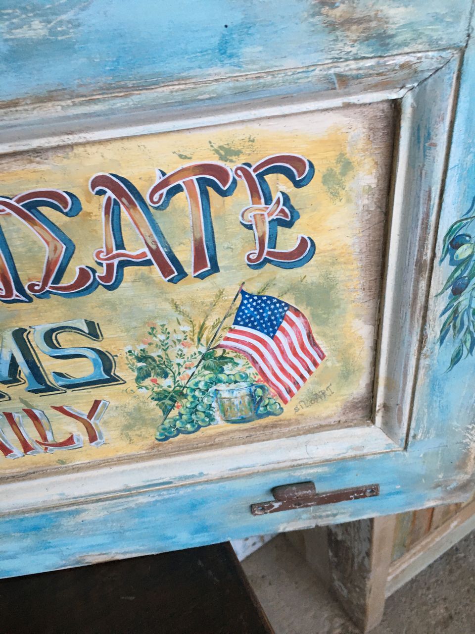 Painting, sign on a piece of old wood