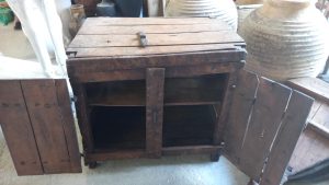 Old wooden cupboard , cabinet , with 2 doors ,metal hinges and a wooden latch ,handmade