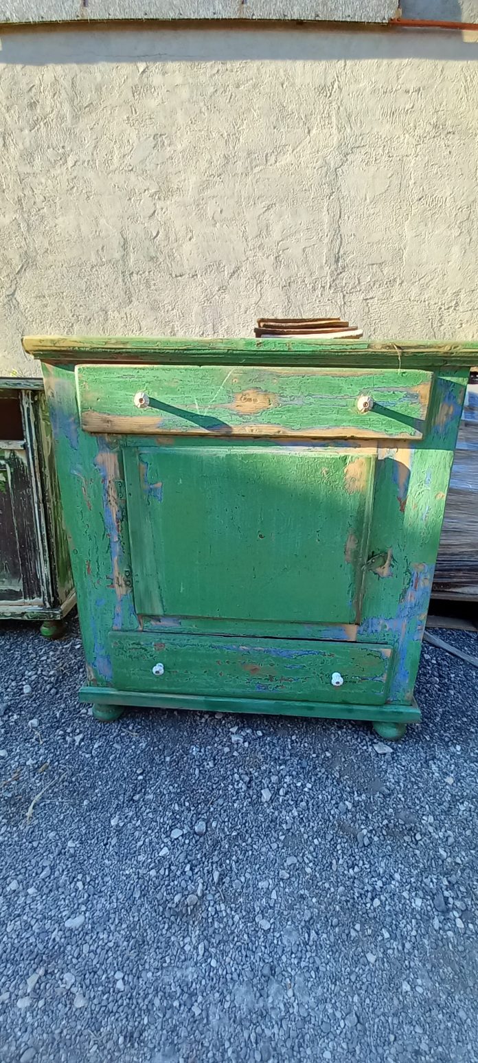 old wooden kitchen cabinet-cupboard , green colored, restored, with two drawers and a wooden lock-latch, antique, vintage
