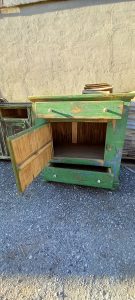 old wooden kitchen cabinet-cupboard , green colored, restored, with two drawers and a wooden lock-latch, antique, vintage