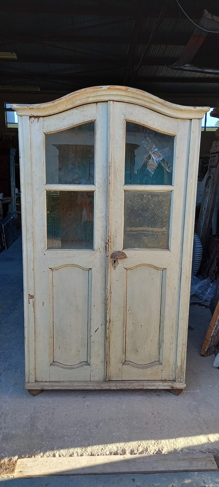 old wooden window case- cabinet- book case ,white outside and blue inside ,restored, handmade ,antique, vintage