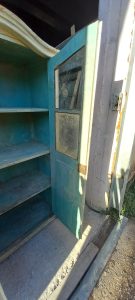 old wooden window case- cabinet- book case ,white outside and blue inside ,restored, handmade ,antique, vintage