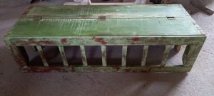 old wooden bench-bed, folds into a small bed, with storage room( there are two small doors at the bottom), in green color, restored, antique, vintage
