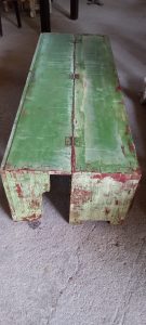 old wooden bench-bed, folds into a small bed, with storage room( there are two small doors at the bottom), in green color, restored, antique, vintage