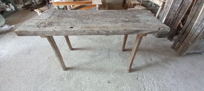 table from old ,reclaimed wood, old cutting bench- workbench, side table, industrial design furniture, handmade, antique, vintage