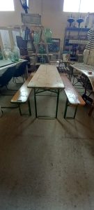 set two benches with picnic table, old, very practical for outdoor activities, picnics, vintage