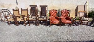 old wooden armchairs with velvet fabric and hand curved frame with curved dragon heads on the arms, handmade, vintage, antiques, old