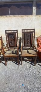 old wooden chairs-armchairs , throne-chairs , handmade, hand curved, sculpted, with curved decoration on the back, in excellent condition,handmade, antiques, vintage, old