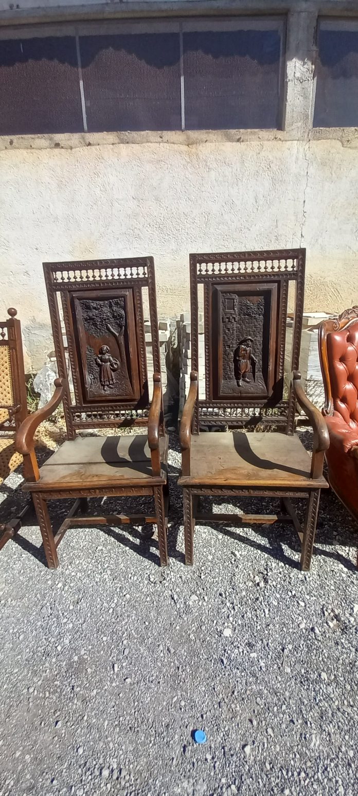 old wooden chairs-armchairs , throne-chairs , handmade, hand curved, sculpted, with curved decoration on the back, in excellent condition,handmade, antiques, vintage, old
