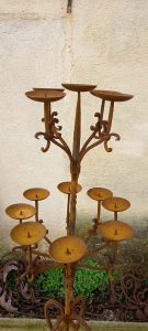 old iron floor candle-holders for 13 candles, pair, beautifully decorated with traditional patterns of spirals, decorative, handmade