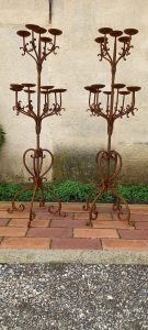 old iron floor candle-holders for 13 candles, pair, beautifully decorated with traditional patterns of spirals, decorative, handmade