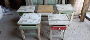 old wooden night stands in different colors, small antique bedside table, handmade, old wooden small furniture