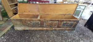 old wooden box, very big storing box, chest-trunk for white linen-trousseau, with colored details, handmade, 2-part