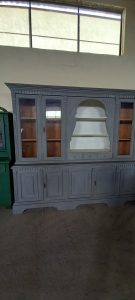 ld wooden show case, antique kitchen-sitting room vitrine, vintage display window in a soft grey color, buffet, sideboard, cupboard
