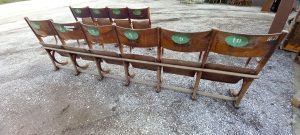 old wooden cinema-theater seats, old cinema chairs joined together , there is a set with 4 seats at the price of 800€ and a set with 6 seats at the price of 1200€, antique  vintage ,old