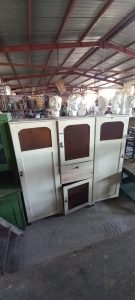 old wooden storing furniture, antique 3-piece clothes wardrobe- kitchen cabinet , storing cabinet with window screen-sieve, in an off white color,  buffet, sideboard, cupboard