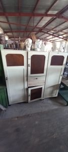 old wooden storing furniture, antique 3-piece clothes wardrobe- kitchen cabinet , storing cabinet with window screen-sieve, in an off white color,  buffet, sideboard, cupboard