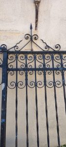 iron front garden door, black old iron garden gate door, handmade and decorated with spirals and twirls, solid, heavy, cast iron gate , garden door ,yard door