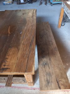 Set of table and two benches handmade from old walnut wood, dining table from old wood, monastery style table, processed  as little as possible in order to preserve the wood's natural texture and beauty, minimal style ,vintage, heavily built with removable top